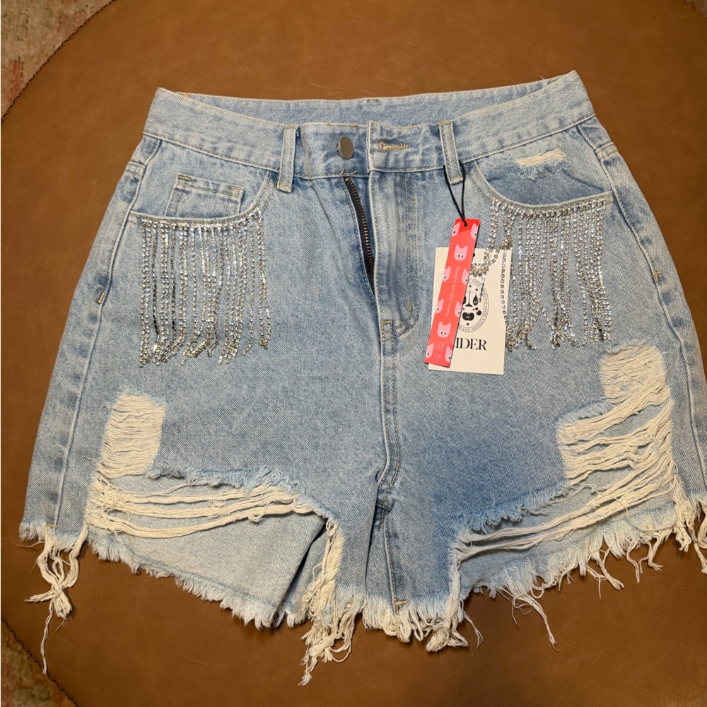 Cider Light Blue Fringe Jean Shorts